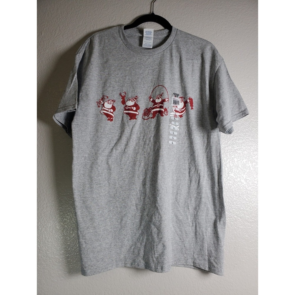 Funny Santa Fishing/Hunting Christmas T-Shirt Adult L Gray Holiday Graphic-NEW